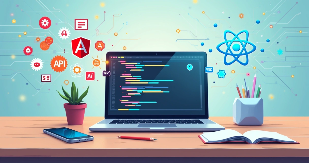 Espaço de trabalho moderno com laptop, ícones de APIs e frameworks, notepad e smartphone mostrando design responsivo.