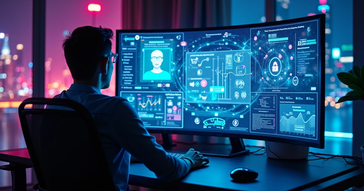 Painel digital com ícones de tendências tecnológicas e pessoa observando dados futuristas 