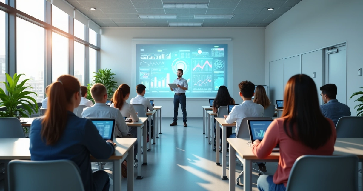 Sala de aula moderna com estudantes usando tablets e professor guiando uma apresentação digital interativa 