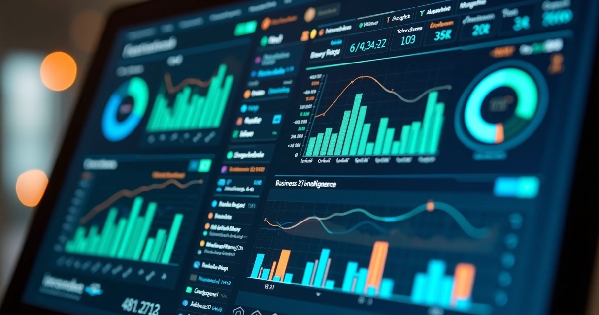 Dashboard digital colorido integrando gráficos de IA, BI e notificações de integração de sistemas 