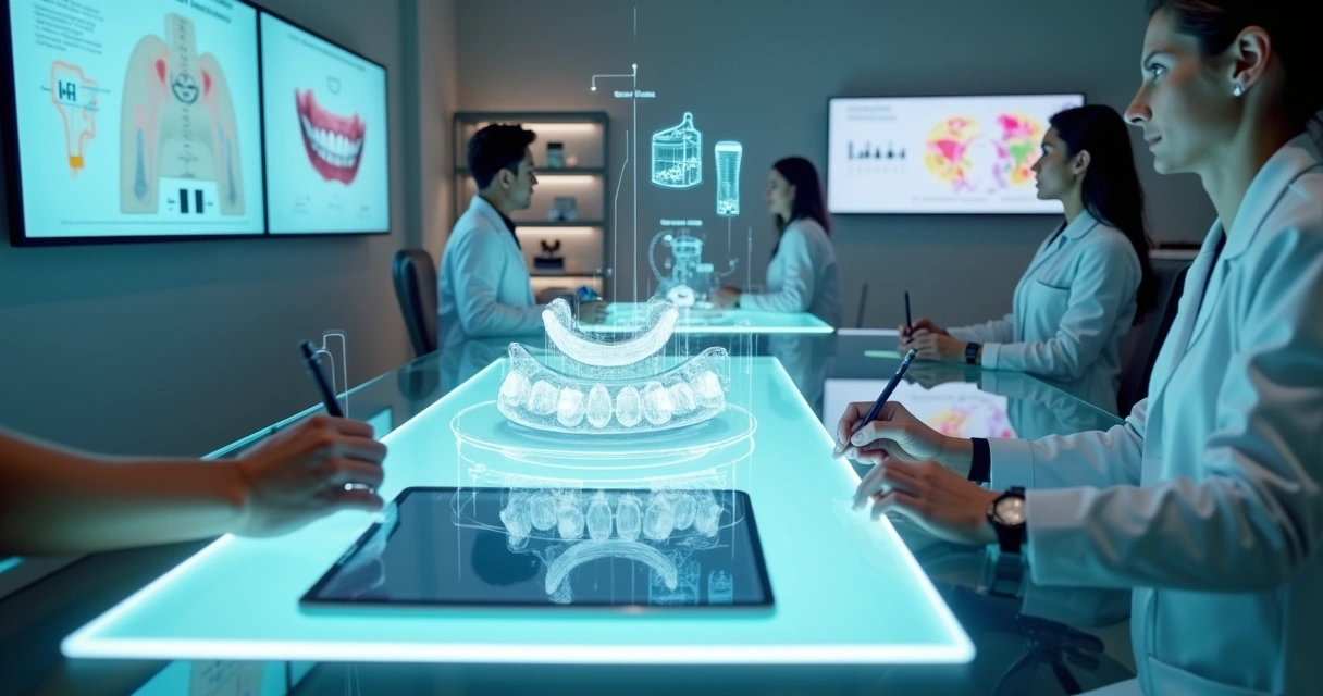Sala de planejamento digital com telas exibindo alinhadores, implantes e estética odontológica em 3D 