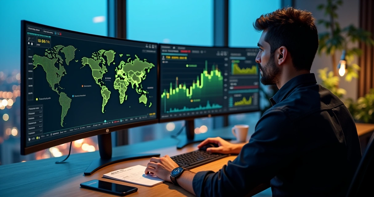 Trader observando gráficos financeiros globais em tela com probabilidades de mercado 