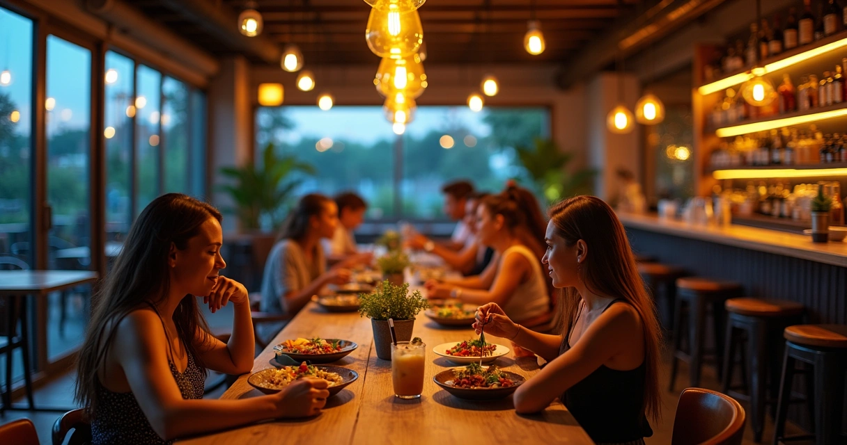 Mesa compartilhada com alimentos saudáveis e bebidas coloridas em restaurante moderno brasileiro 