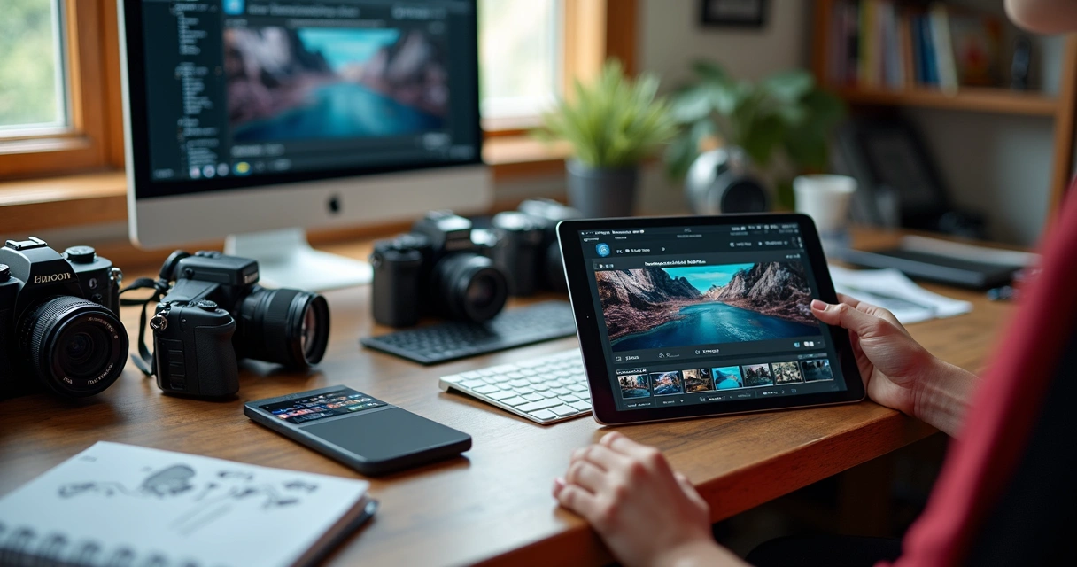 Painel digital com exemplos de fotografia moderna e antigas câmeras no fundo 