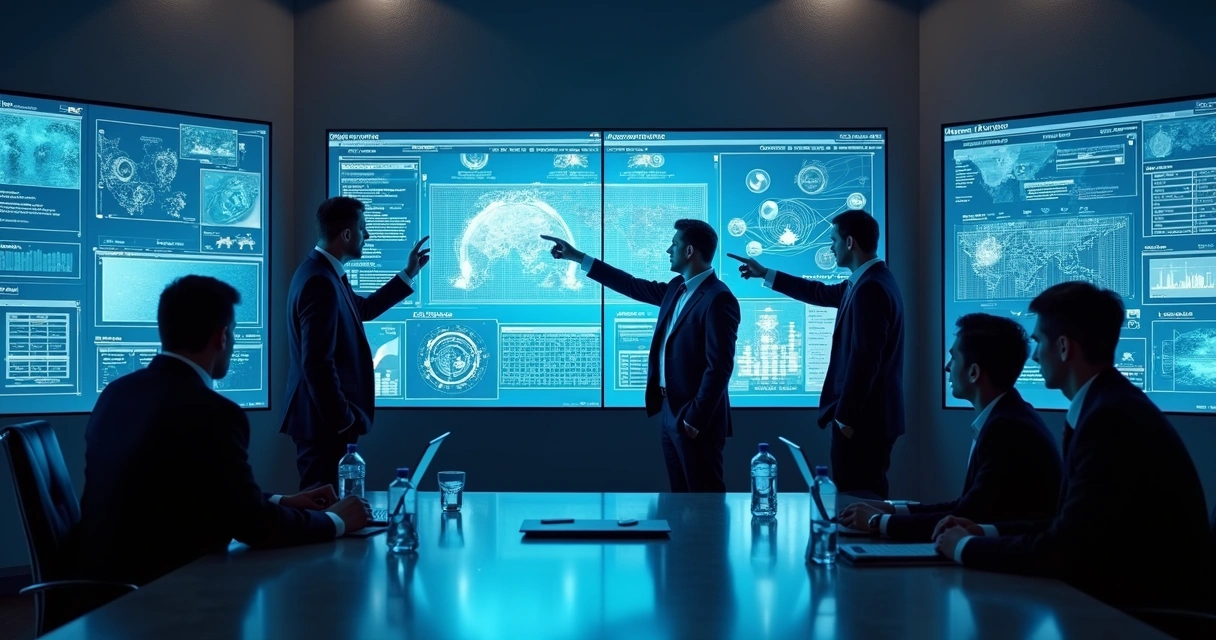 Sala moderna com telas exibindo tendências de IA em processos empresariais 