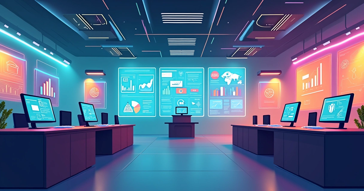 Ilustração colorida de diferentes recursos digitais futuristas em campanhas eleitorais