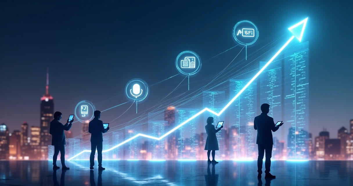 Conceito visual sobre tendências do futuro do tráfego digital com ícones tecnológicos e gráficos 