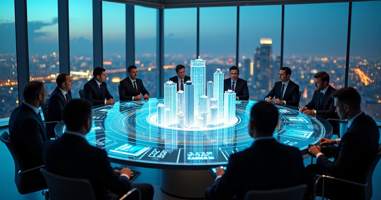 Mesa redonda de negócios com hologramas de fusões e aquisições ao centro 