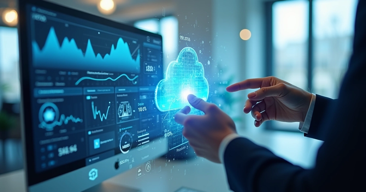 Painel digital mostrando tendências de dados e IA em nuvem 