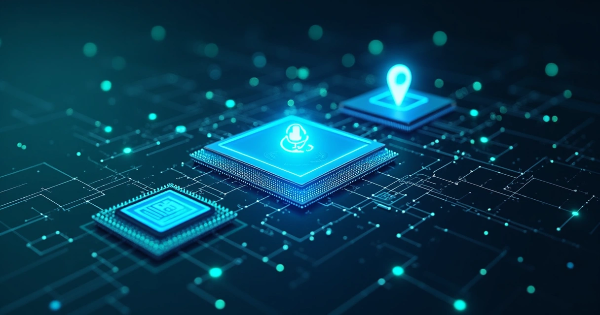 Ícones de IA, busca por voz, smartphone e localização 