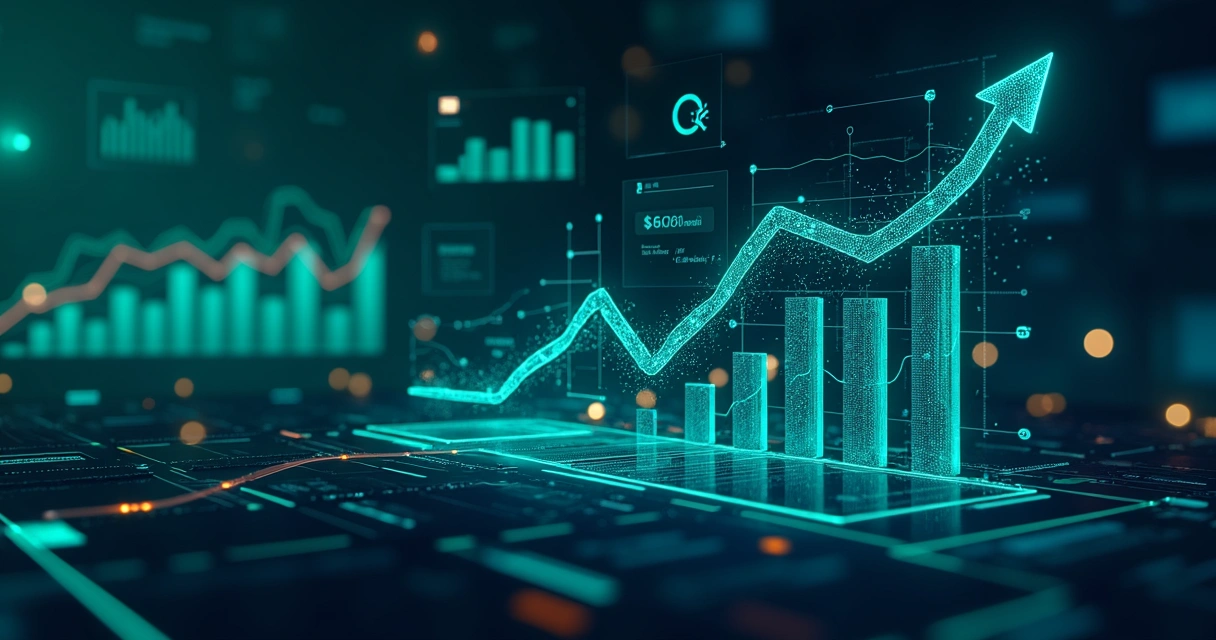 Painel digital destacando tendências de conteúdo por IA, gráficos de crescimento e elementos visuais modernos