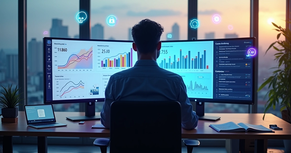Empresário analisando tendências de conteúdo gerado por inteligência artificial no computador 