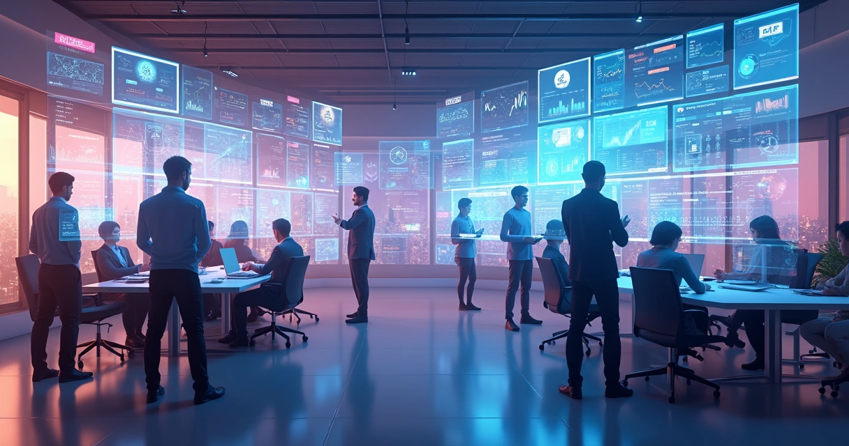 Tendências de IA para negócios ilustradas em gráficos 3D 