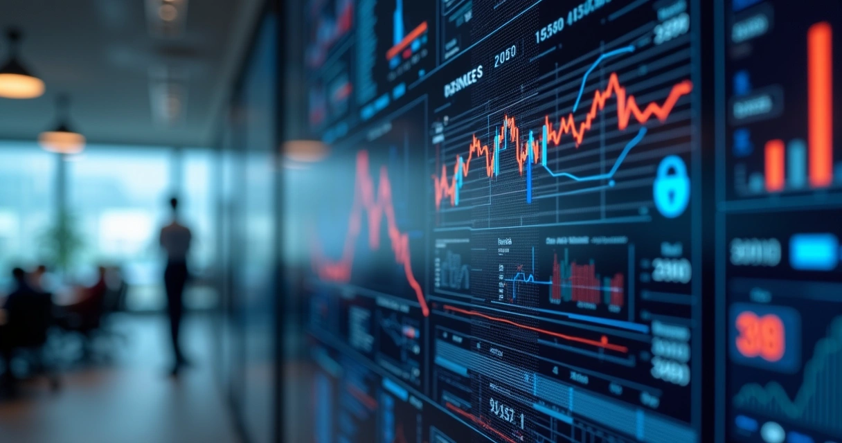Painel digital moderno mostrando tendências de IA e dados, gráficos lineares 