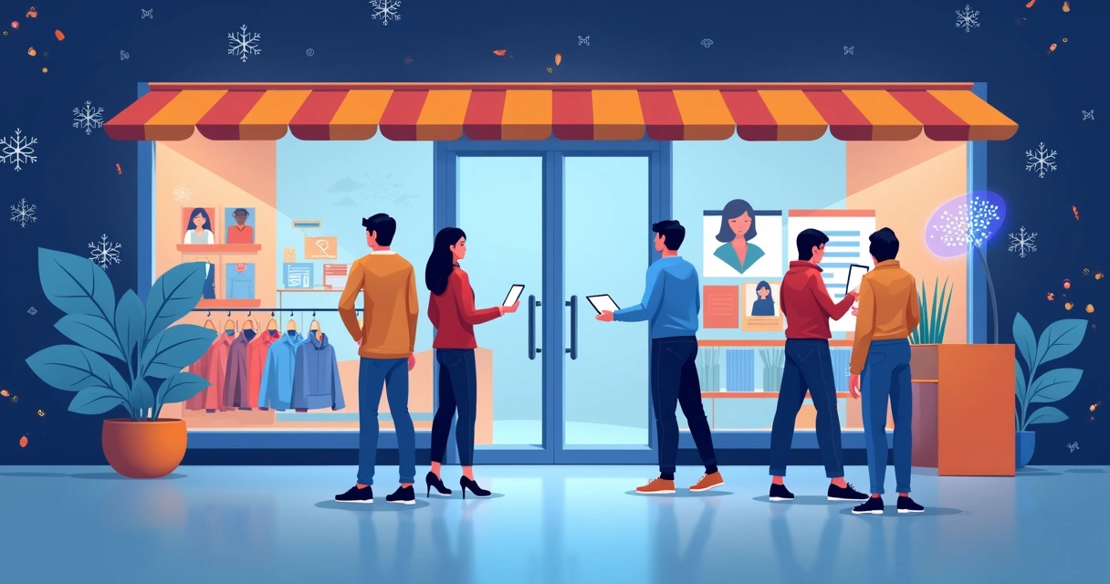 Futuristic digital store with AI icons, screens and customers interacting 