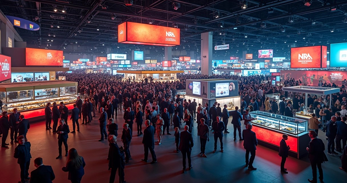 Vista panorâmica da NRA Show Chicago com pessoas circulando entre estandes modernos e áreas de demonstração digital 