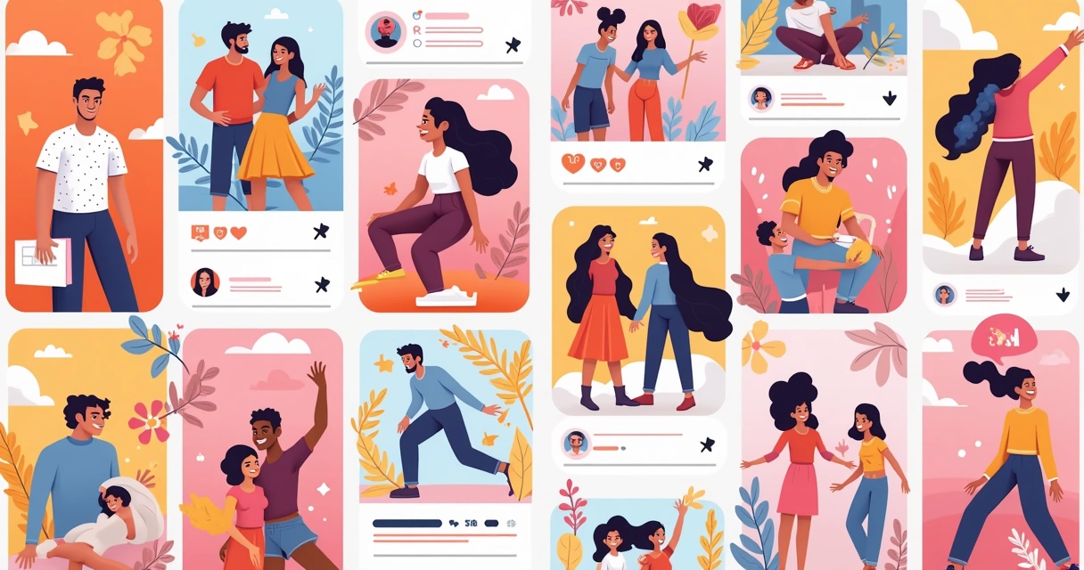 Feed do Instagram com postagens coloridas, hashtags populares, vídeos curtos e influenciadores colaborando.