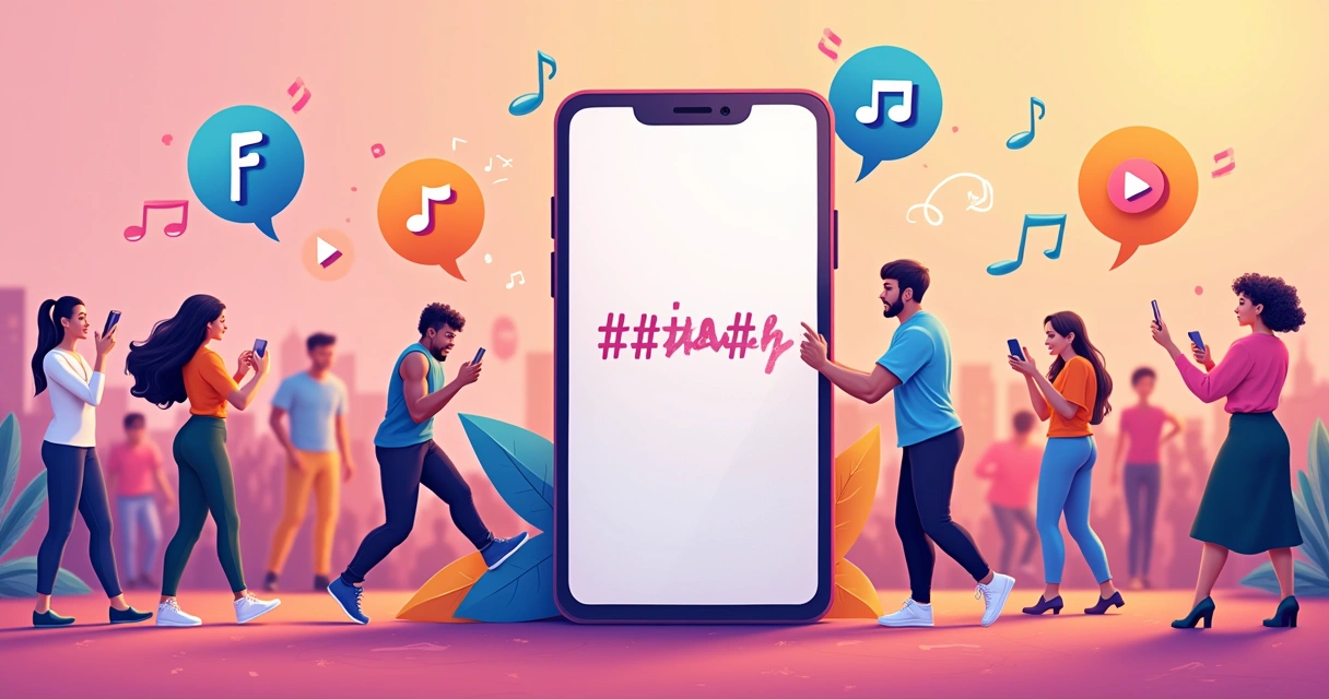 Ilustração vibrante com um smartphone mostrando tendências do Instagram, hashtags e engajamento social.
