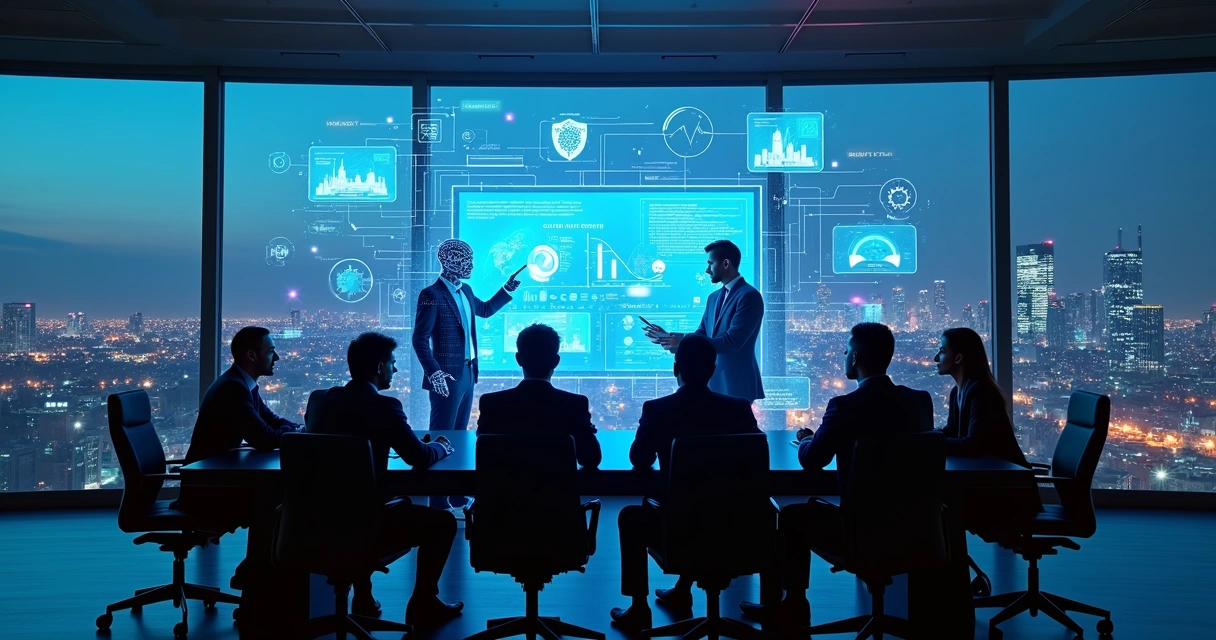 Executivos analisando painel futurista com ícones de inteligência artificial e automação empresarial 