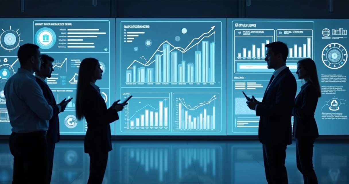 Painel digital com gráficos evolutivos e ícones de IA e atendimento 