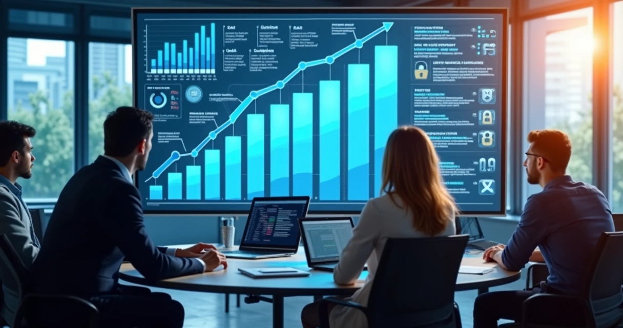 Equipe de TI analisando tendências de licenciamento de software em um grande monitor 
