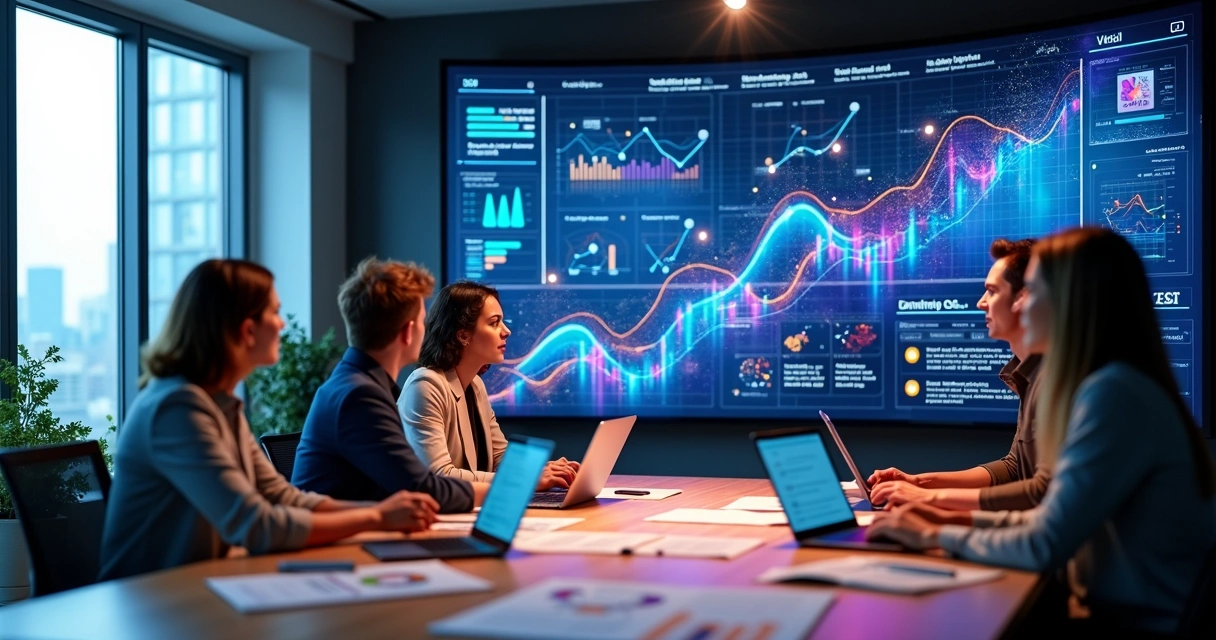 Equipe de marketing analisando dashboards digitais com gráficos de crescimento e elementos de IA em tela gigante 