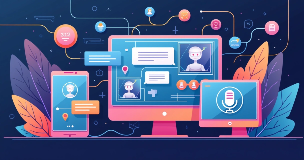 Interface futurista com chatbots, inteligência artificial e vários canais integrados 