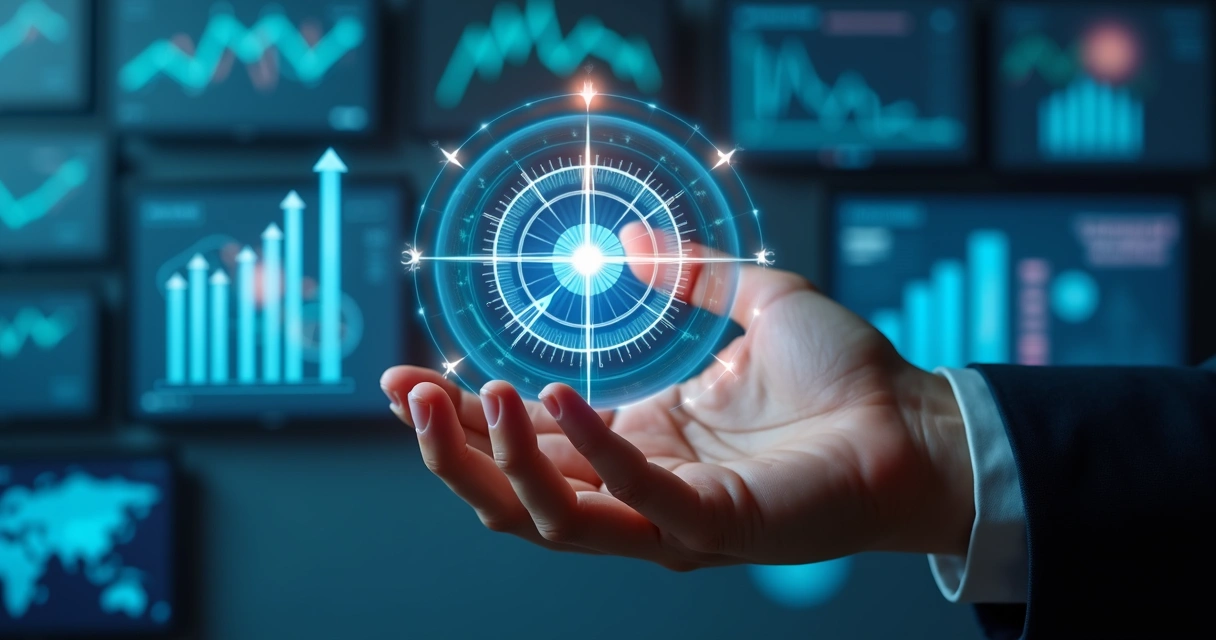 Mão rodando bússola digital com gráficos de tendência e números crescentes 
