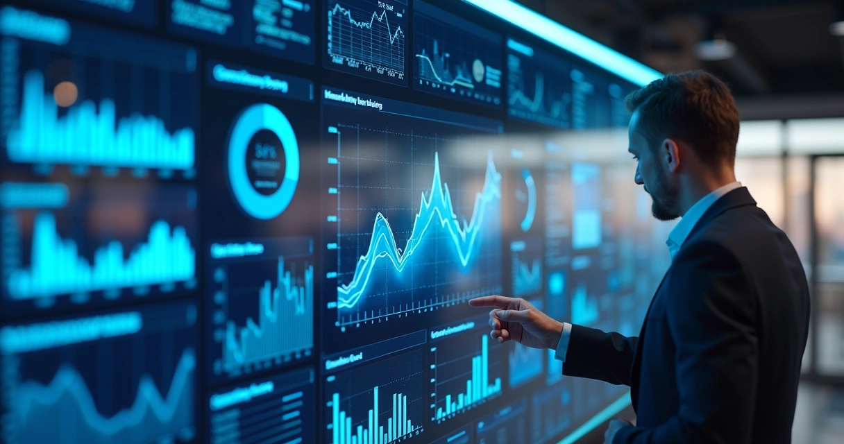 Painel digital com tendências em marketing, tela futurista com gráficos 