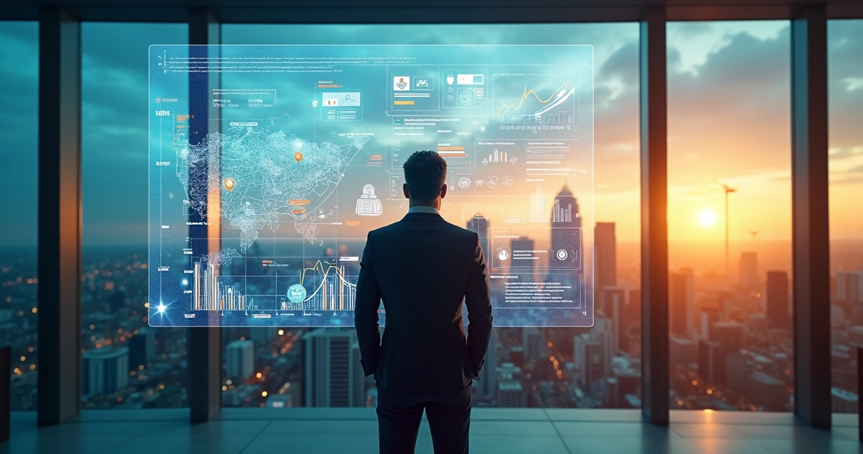 Corretor analisa gráficos digitais sobre imóveis em painel transparente com cidade ao fundo 