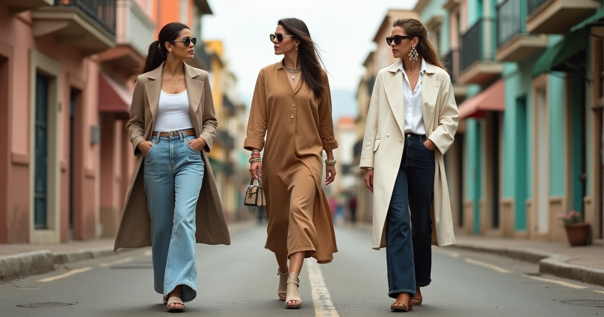 Mulheres em street style elegante mostrando tendências de moda 2025 com jeans wide leg e casacos estruturados 