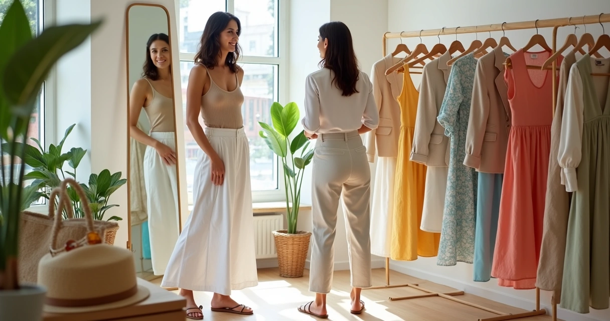Mulher experimentando look de verão em brechó premium com roupas leves e coloridas 