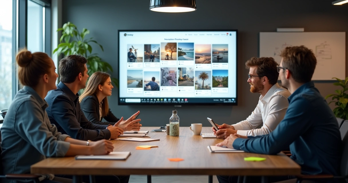 Equipe reunida discutindo novidades do Instagram 