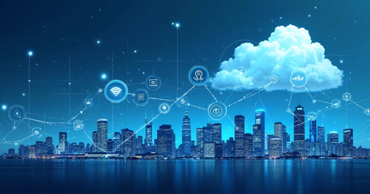 Ilustração sobre tendências de nuvem com elementos de inteligência artificial e edge computing 