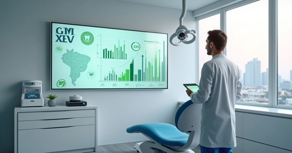 Dentista em consultório moderno analisando dados de crescimento do mercado odontológico no Brasil até 2026 