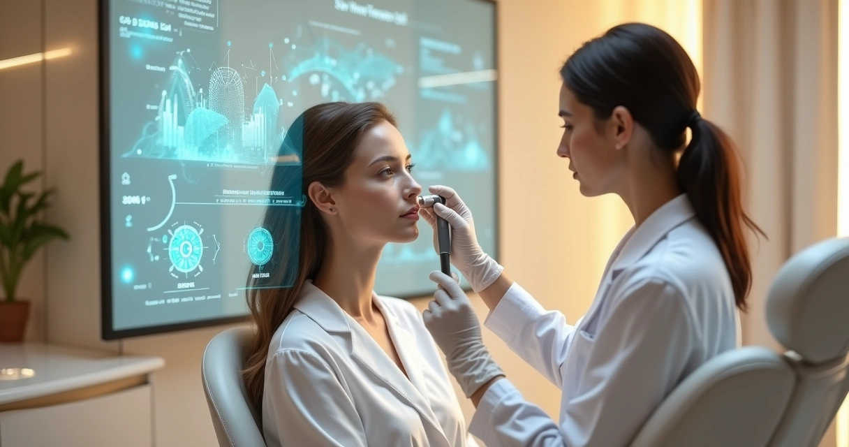 Profissional de saúde estética avaliando rosto de paciente em clínica moderna com gráficos de tendências ao fundo 