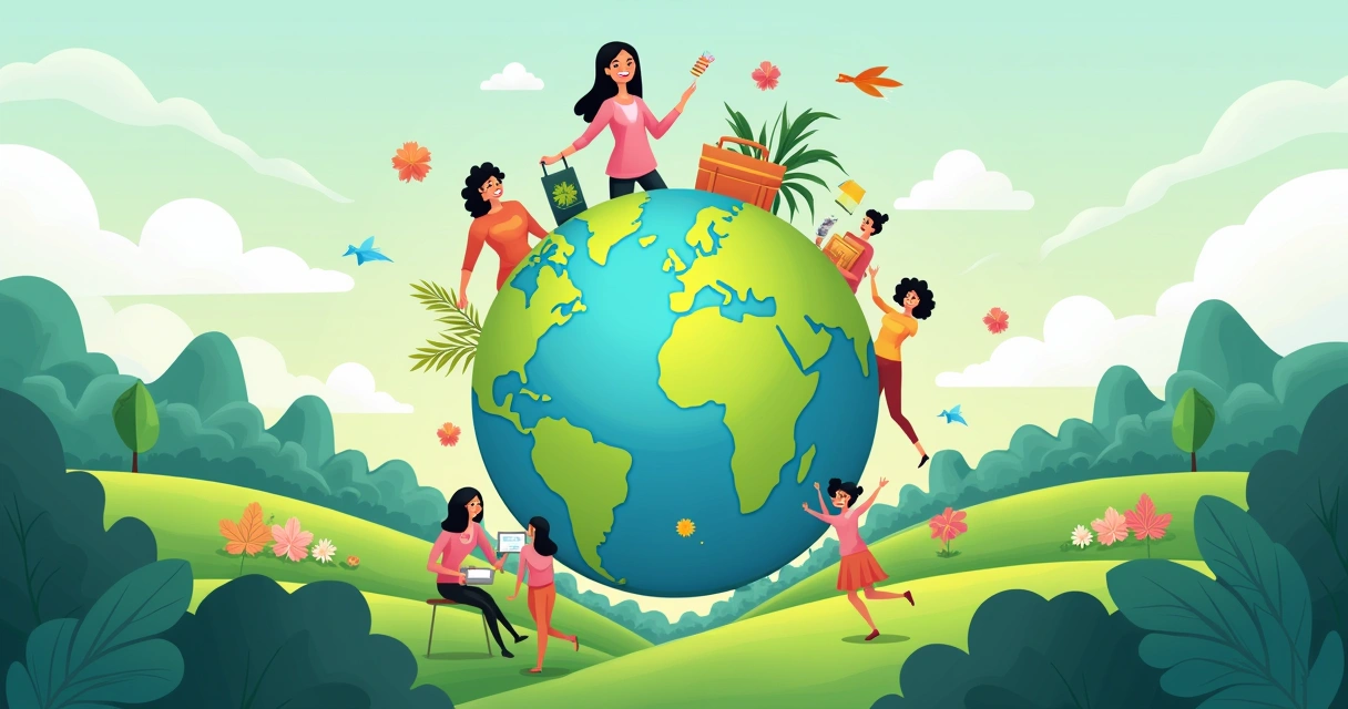 Ilustração de tendências de produtos 2025 com ênfase em sustentabilidade e dropshipping.