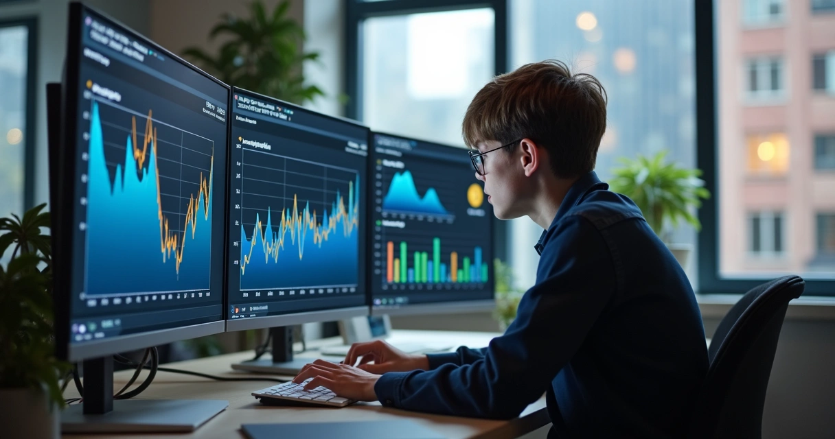 Jovem analisando gráficos de tendências digitais em tela de computador 