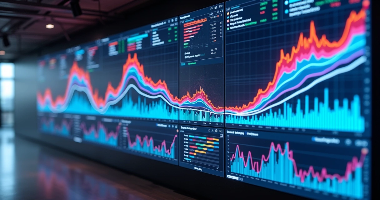 Painéis digitais exibindo gráficos de tendências das redes sociais 