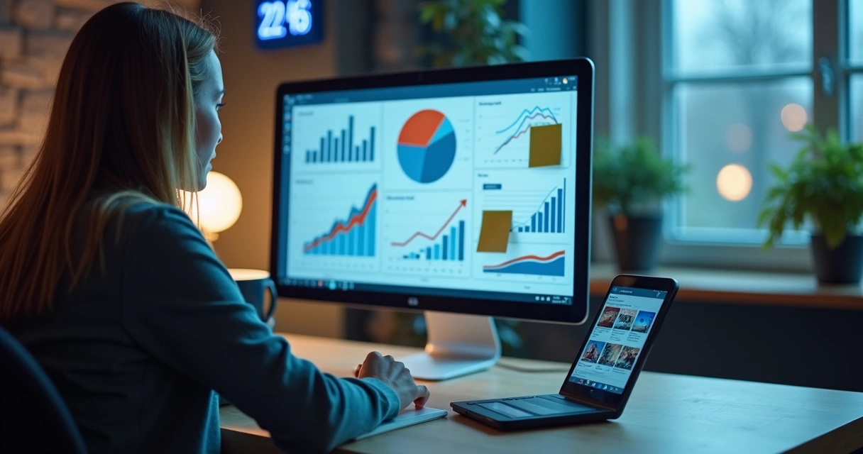 Profissional acompanhando tendências digitais em monitor com gráficos 