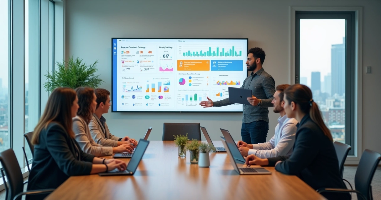 Equipe de RH observando painel digital com indicadores de pessoas e treinamentos em plataforma LMS 
