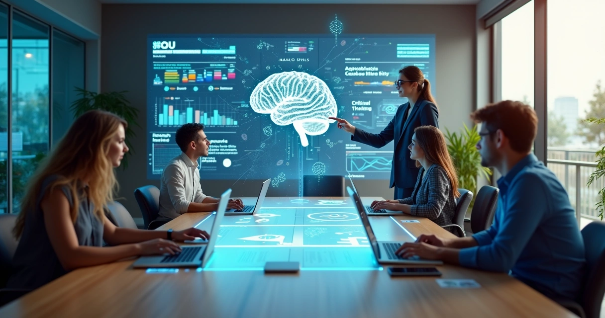 Equipe diversa em treinamento corporativo com hologramas de IA e gráficos de aprendizado contínuo 