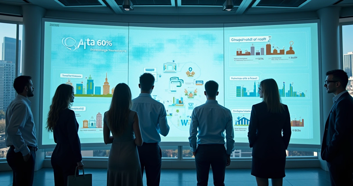 Painel digital com estatísticas sobre adoção de tecnologia no mercado imobiliário global 