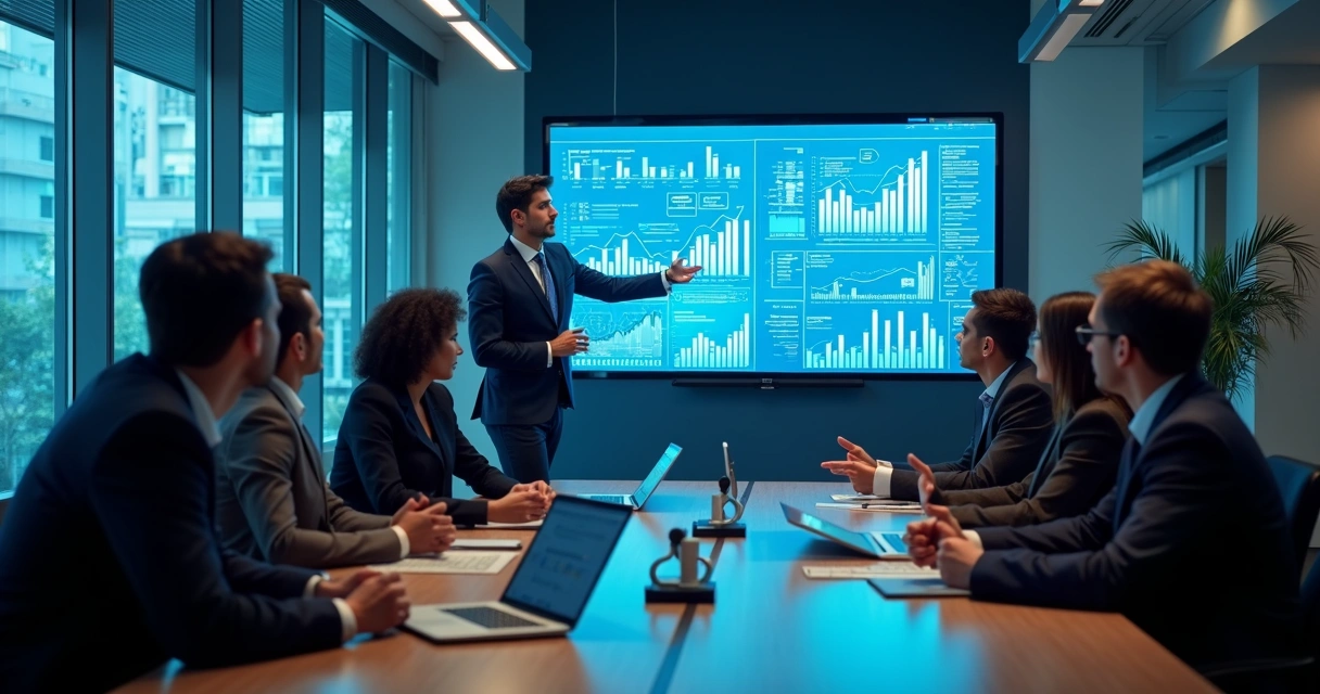 Pessoas em frente a um quadro digital com gráficos de tendências 