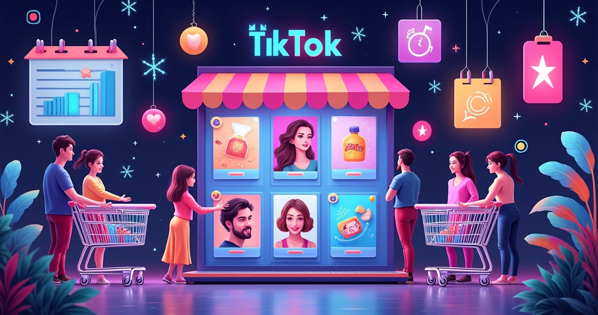 Ilustração colorida de uma interface do TikTok Shop integrada com elementos de vendas, creators, charts de crescimento e compras ao vivo 