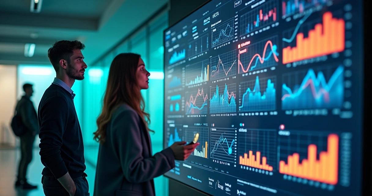 Painel com gráficos digitais sobre tendências de vendas online 
