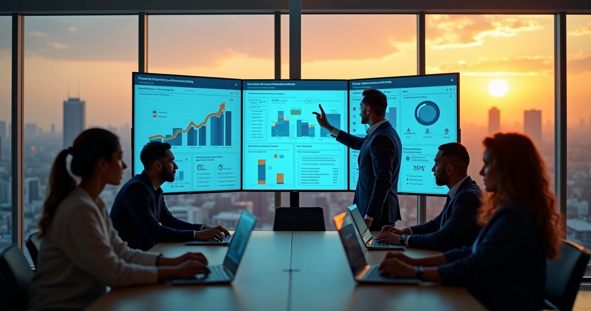 Equipe de vendas analisando painel digital com dados e inteligência artificial 