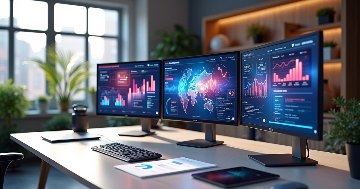 Mesa de trabalho moderna com múltiplas telas exibindo gráficos de vídeo marketing e campanhas futuristas 