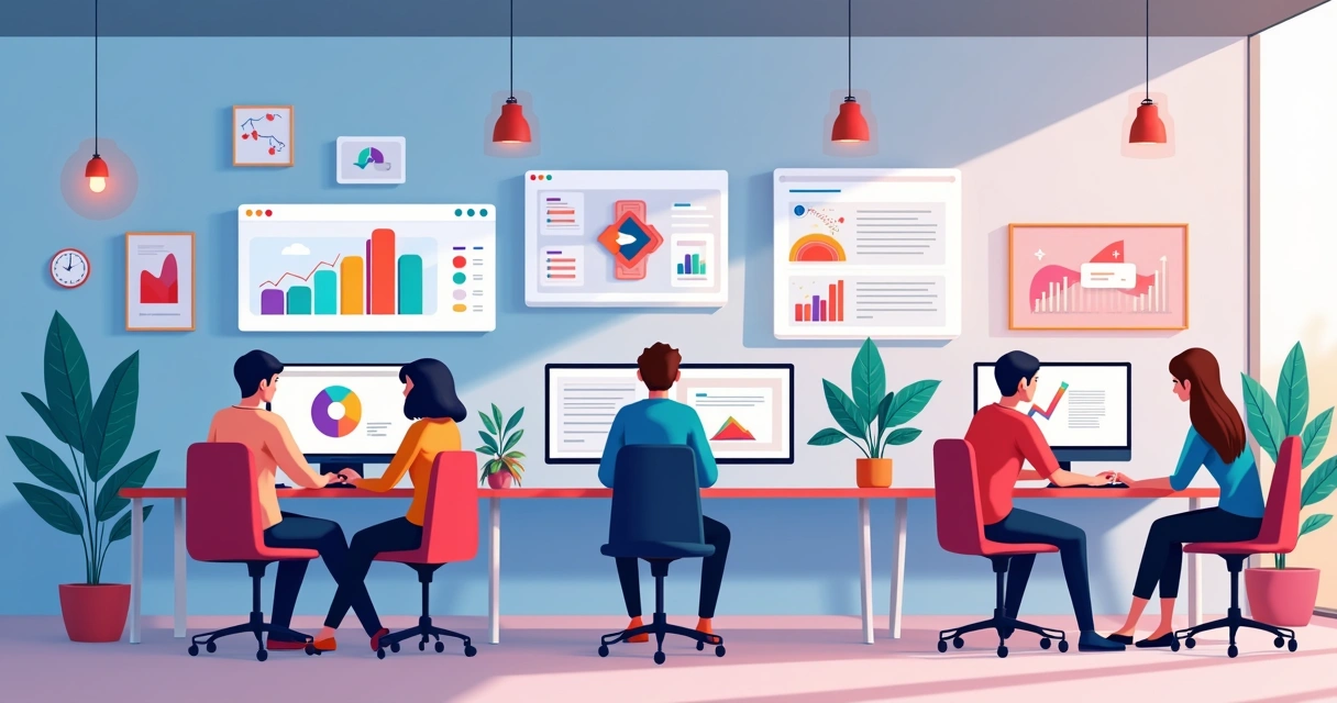 Ilustração corporativa flat mostrando um escritório moderno de design com telas exibindo gráficos, paletas de cores vibrantes, elementos visuais dinâmicos e designers trabalhando em computadores 