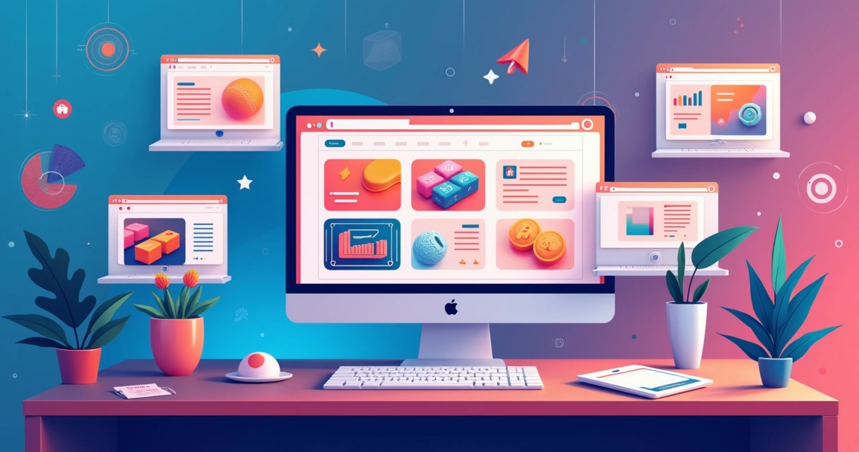 Ilustração de várias telas exibindo diferentes estilos de web design próximos a 2026 